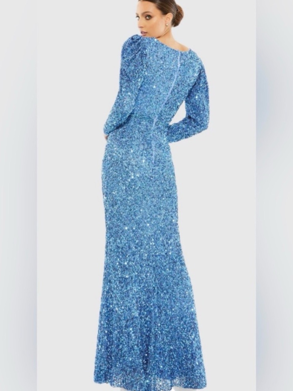Mac Duggal Blue Sequin Long Sleeve V-Neck Gown - Picture 4 of 8